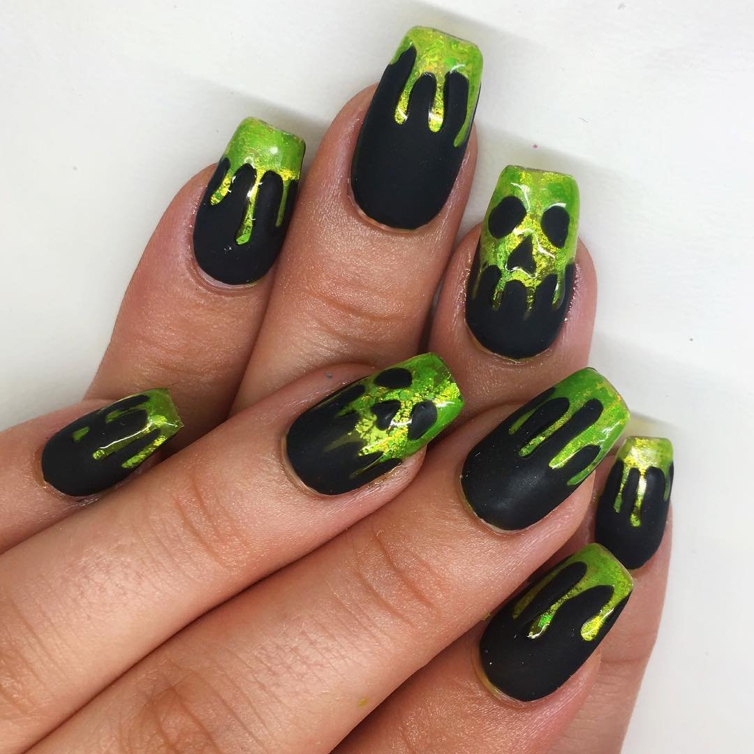 Matte Black Nails with Neon Green Monster-Like Details