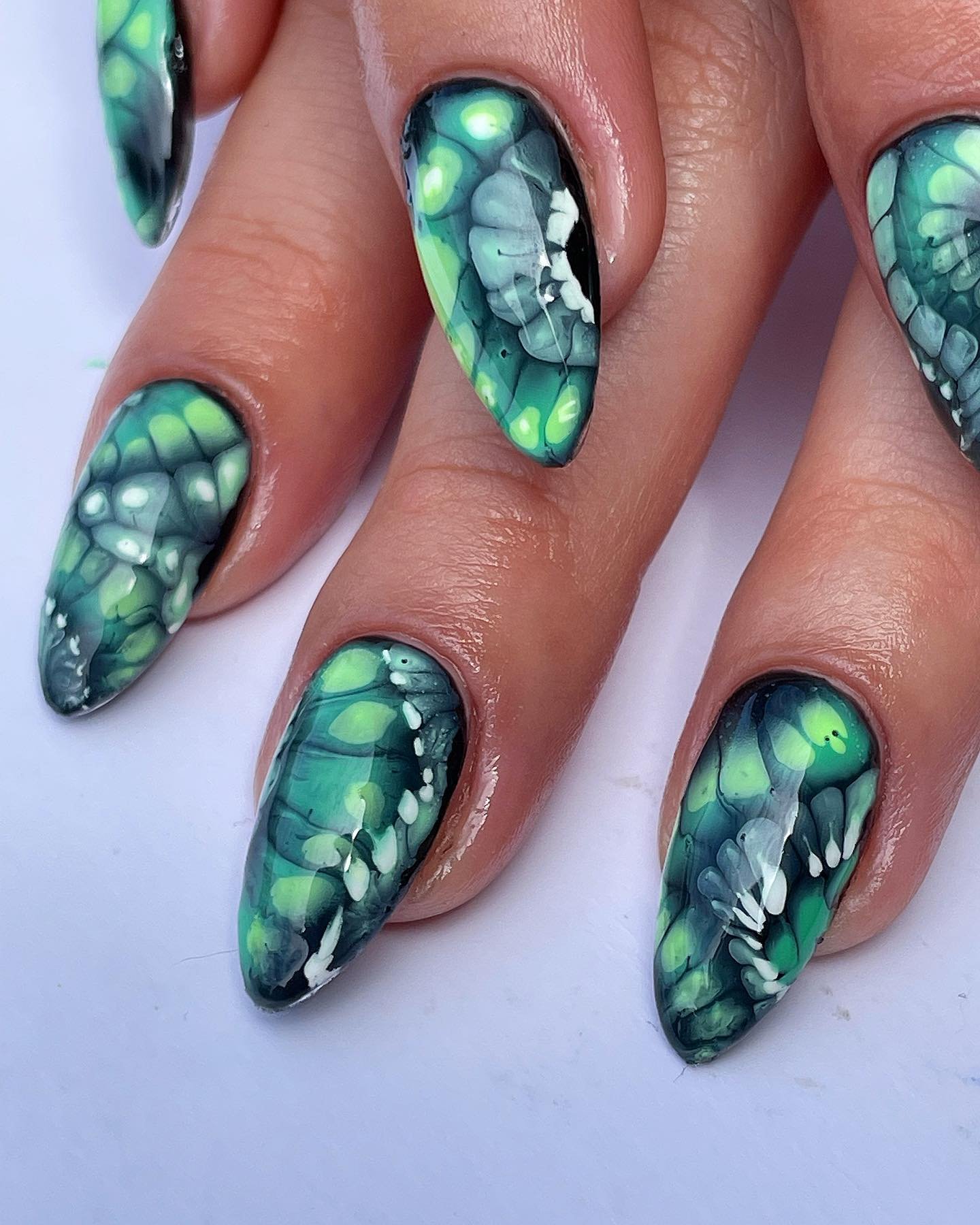 Teal Green Nails with Scaled and Textured Patterning