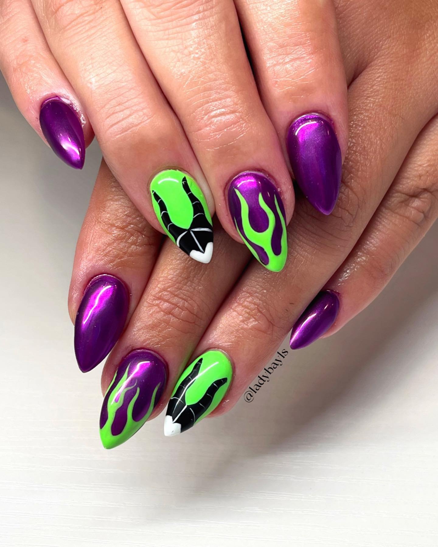 Purple and Neon Green Flame Nails