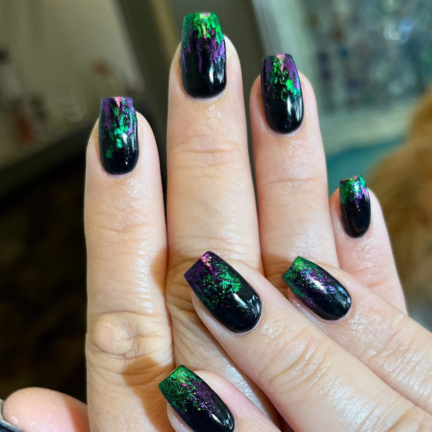 Deep Green Glossy Nails with Subtle Swirling Accents