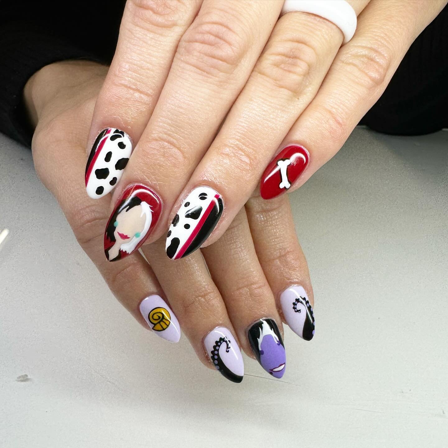 White, Red, and Purple Nails with Character Details