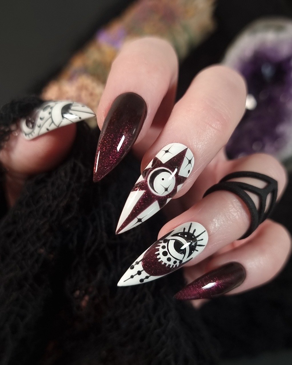 Deep Burgundy and Black Stiletto Nails with White Line Art