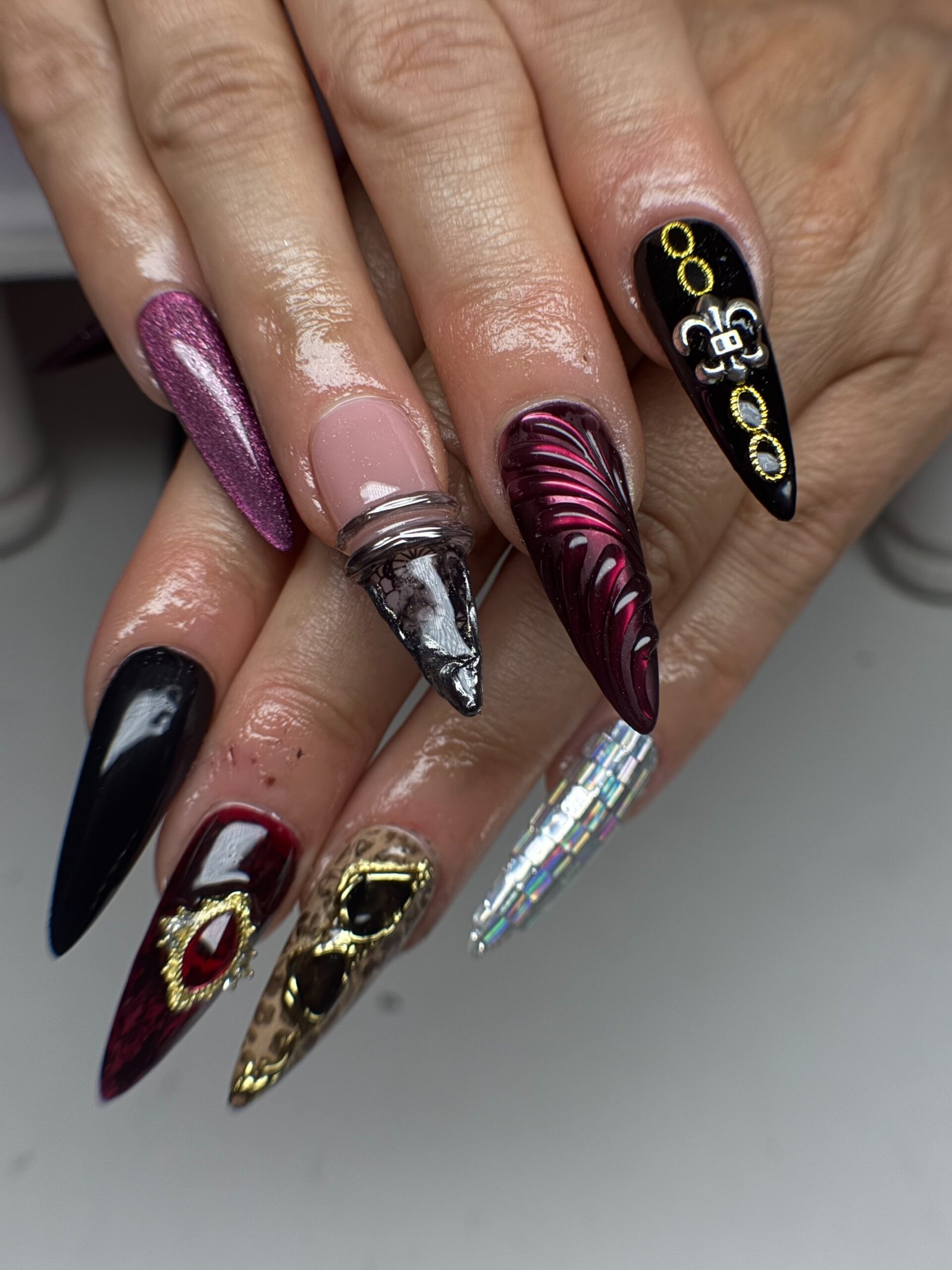 Pink and Purple Long Almond Nails with Graphic Characters