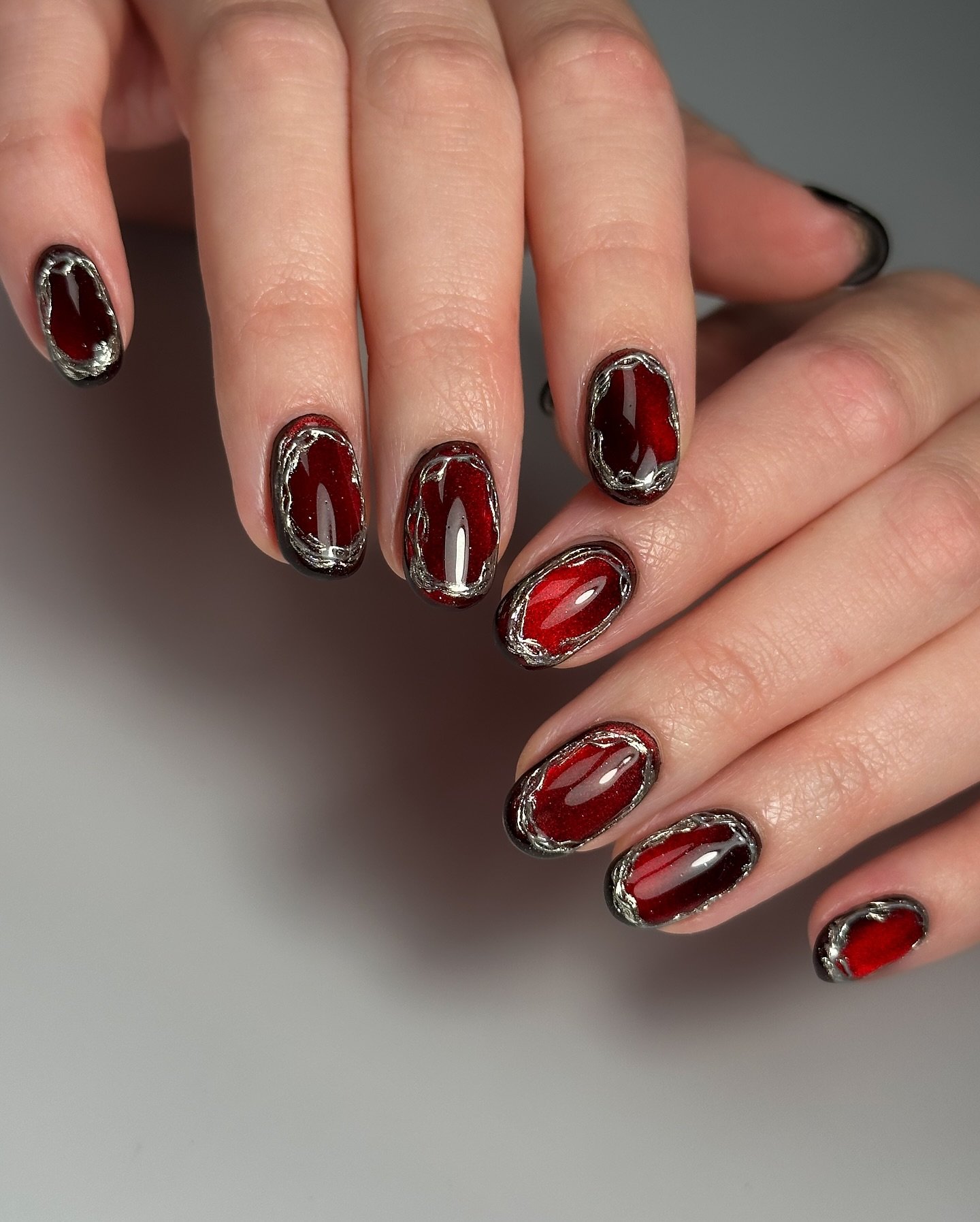 Dark Red and Black Glossy Graphic Nails