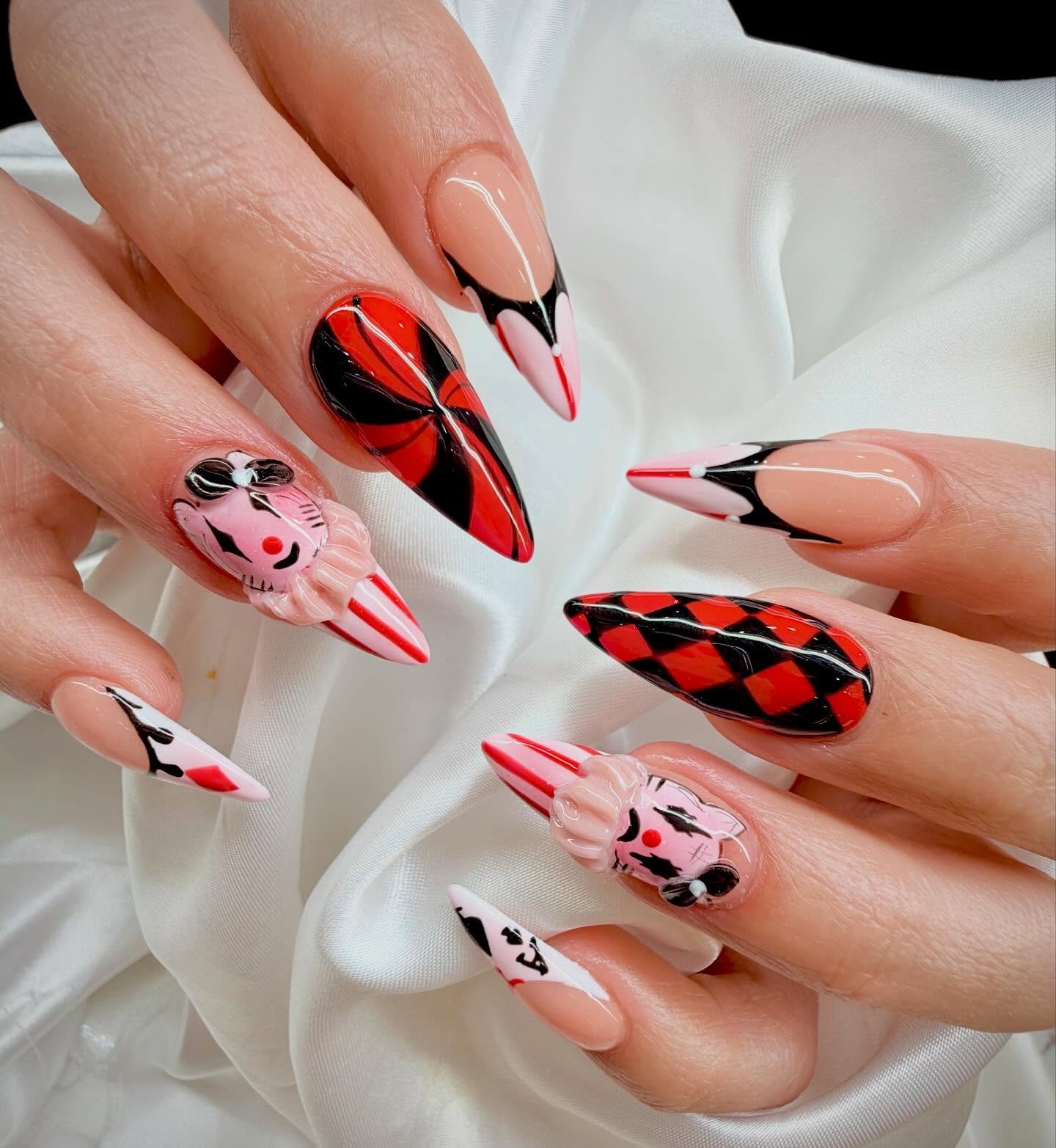 Pink, Red, and Black Long Almond Nail Art