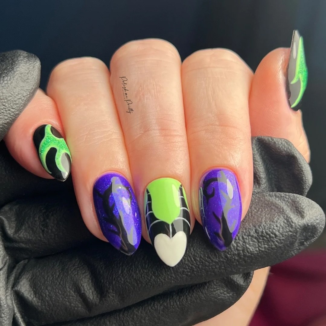 Purple and Neon Green Nails with Black Graphic Details