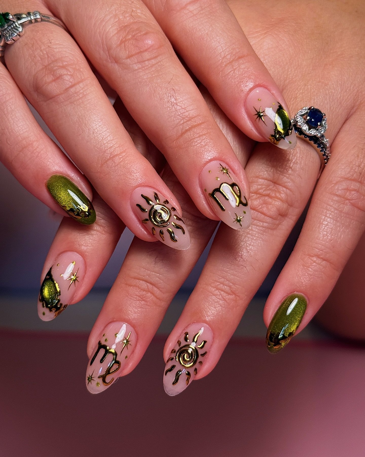 Pink and Olive Virgo Symbol Nails
