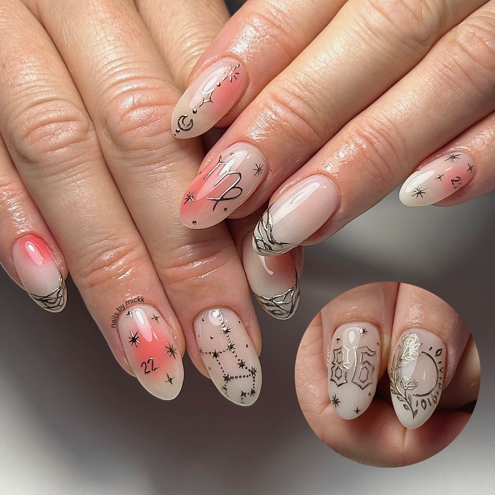 Soft White Nails with Pink Abstract Details
