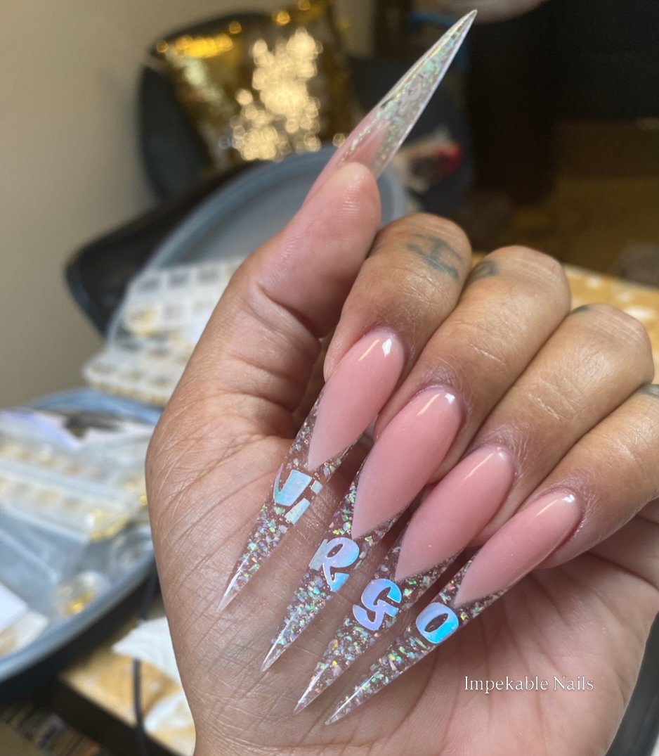 Pink Chrome Long Nails with Clear Embellished Tips