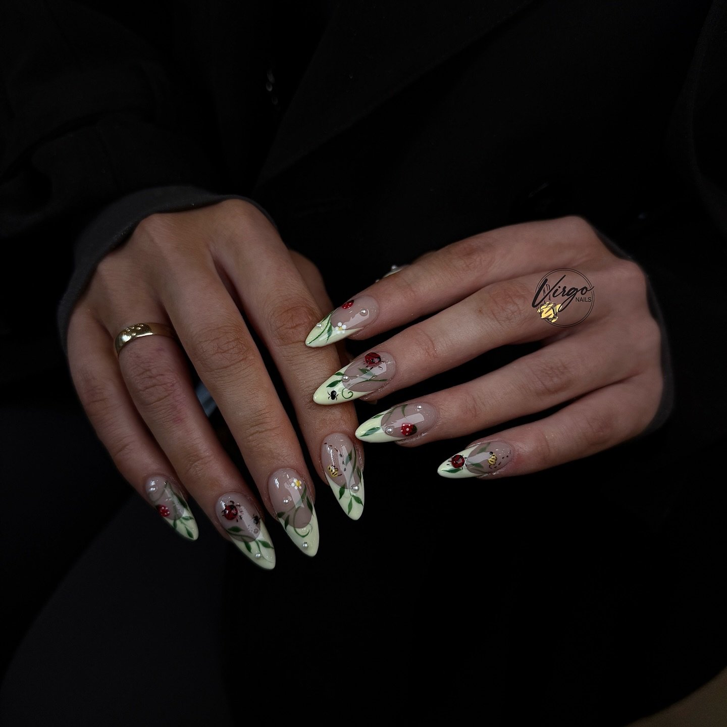 Green French Almond Nails with Botanical Details