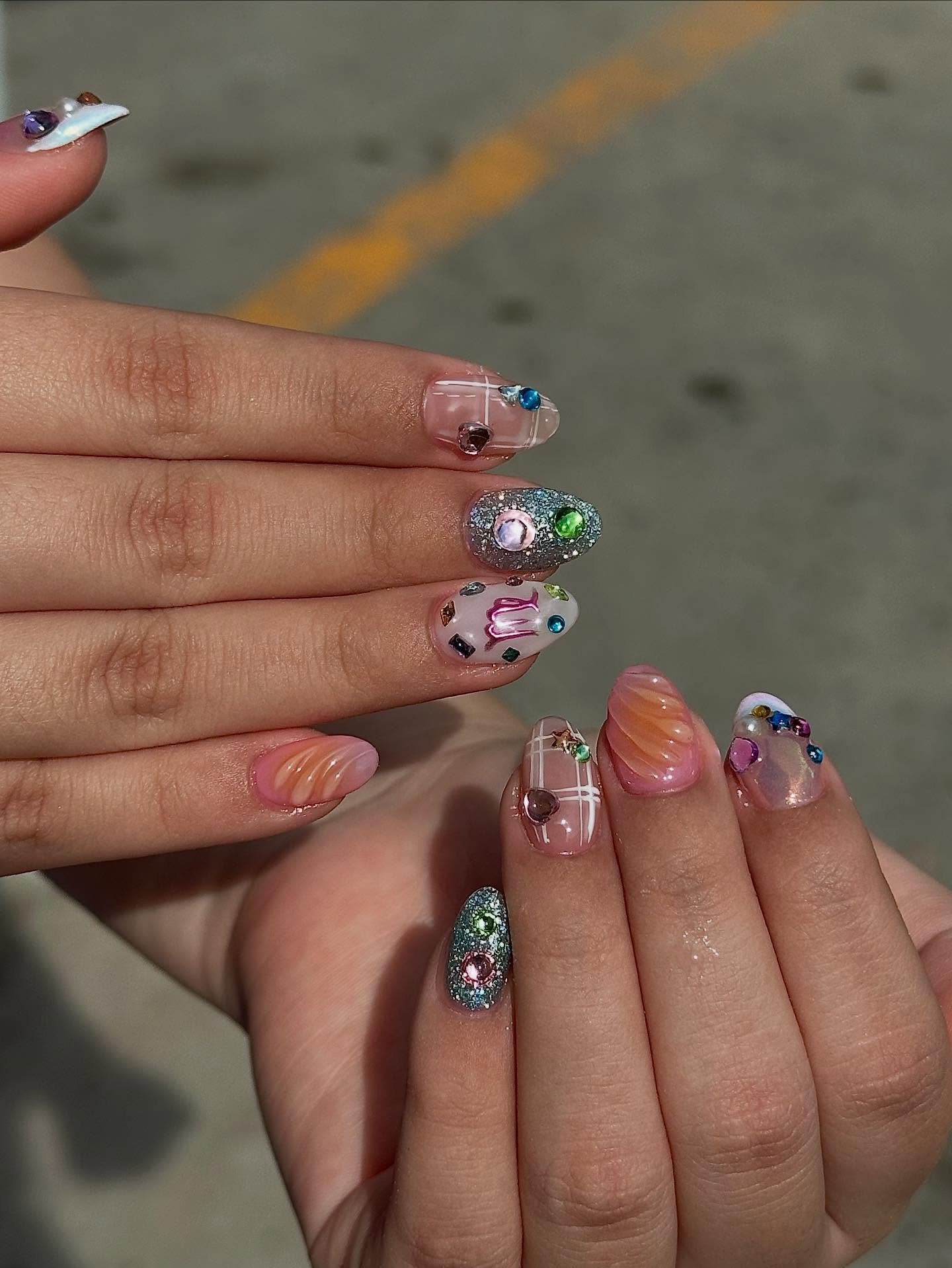 Pastel Multicolor Almond Nails with Rhinestones