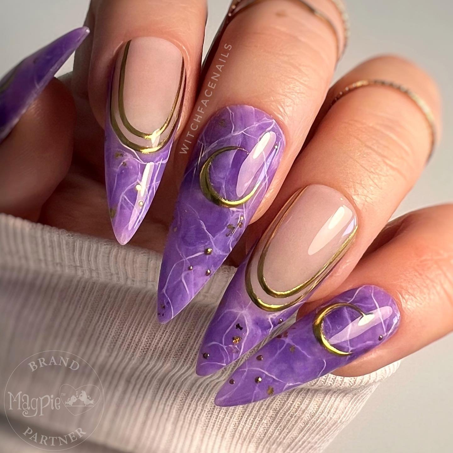 Plum Nails with White Celestial Linework