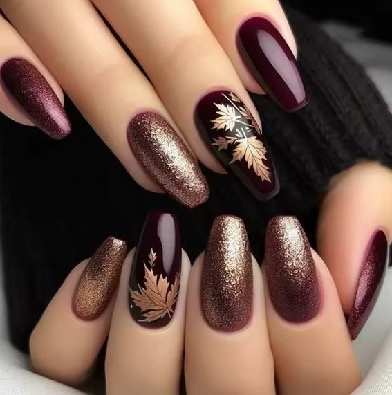 Wine and Bronze Almond Nails with Leaf Accents