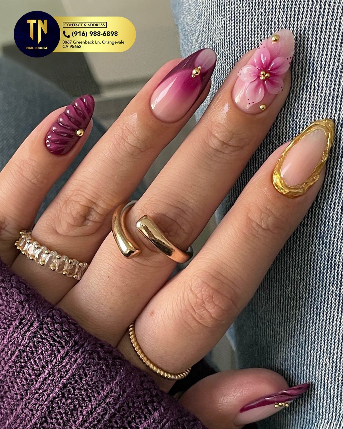 Mauve Almond Nails with Floral and Gold Details