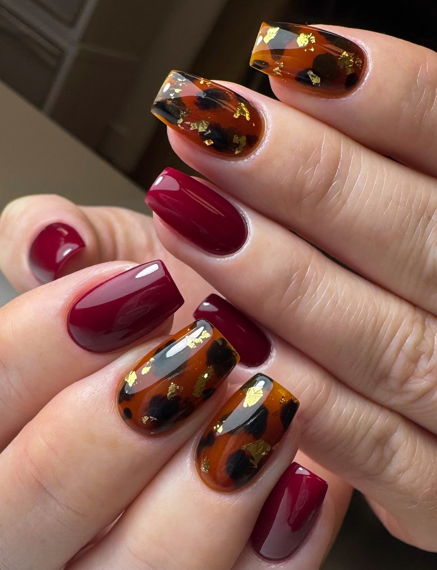 Wine, Nude, and Tortoiseshell Almond Nails