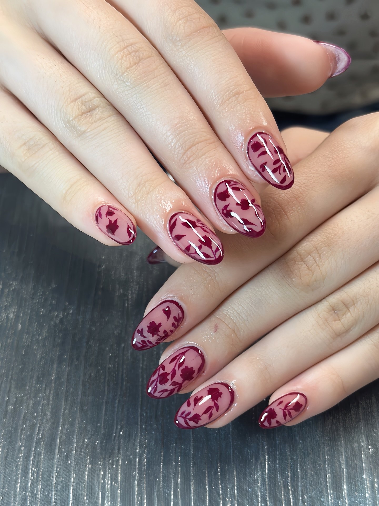 Short Wine Nails with Pink Abstract Floral Art