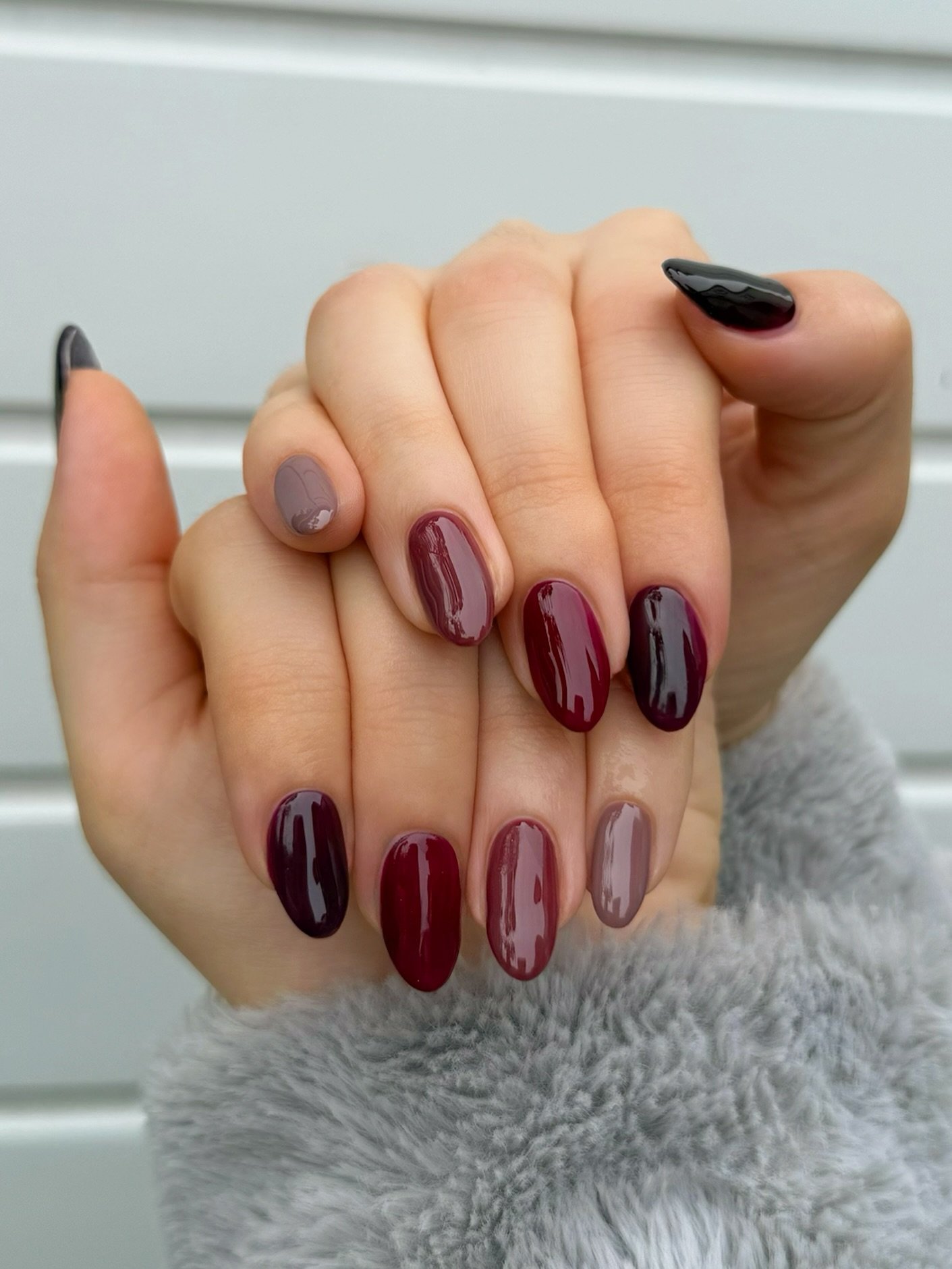 Mixed Wine and Nude Almond Nails