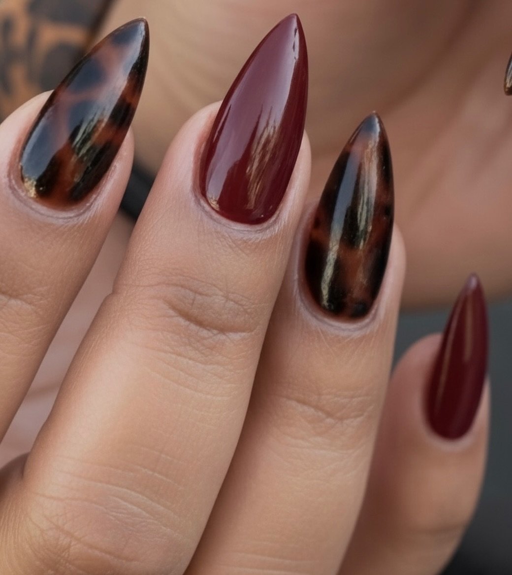 Wine and Tortoiseshell Stiletto Nails