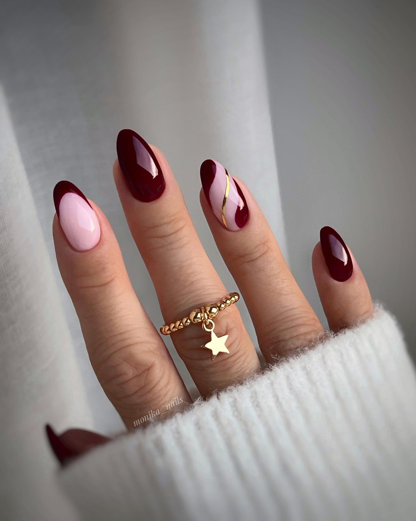 Sheer Pink Nails with Wine French Tips and Gold Stars