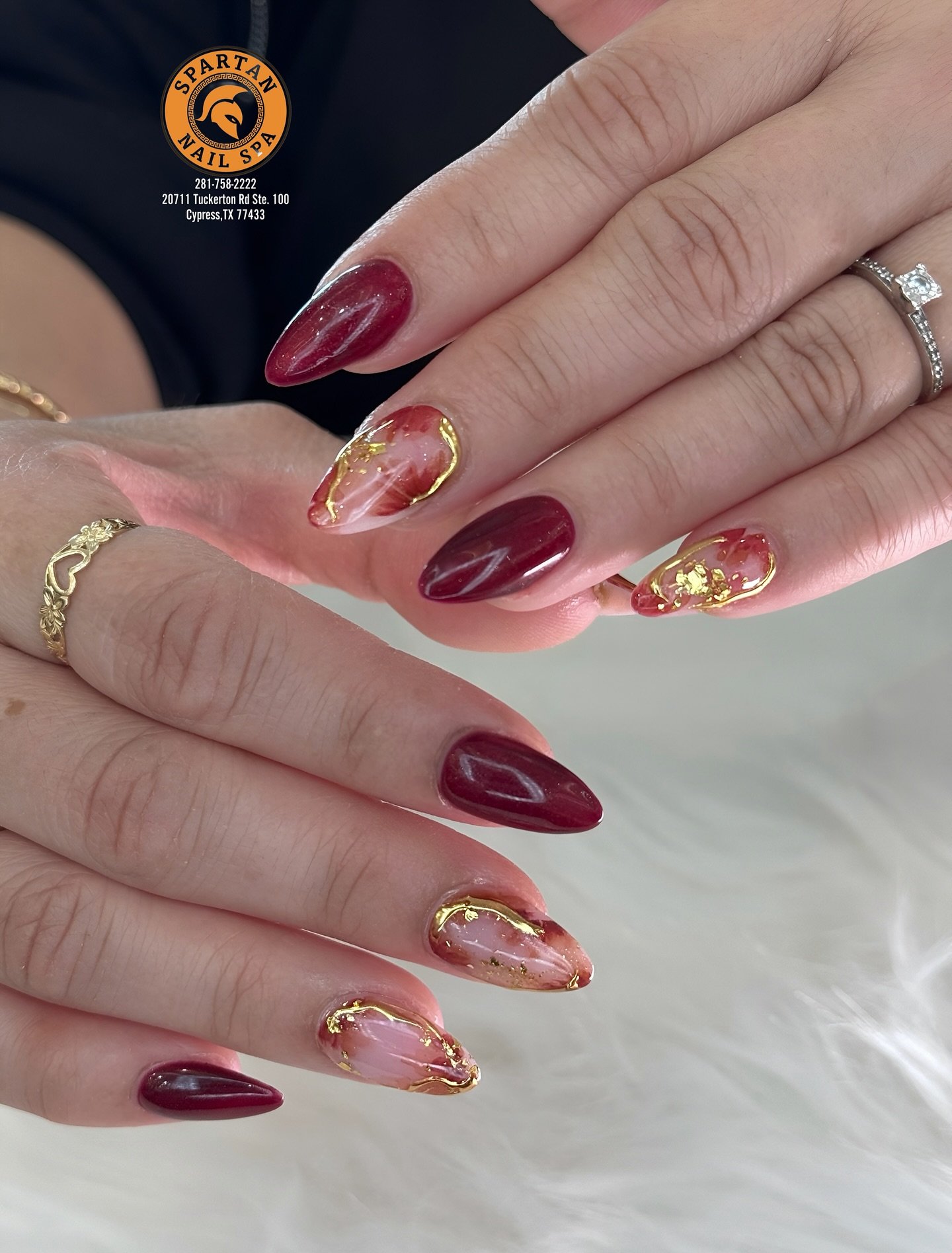 Wine French Almond Nails with Gold Foil Accents