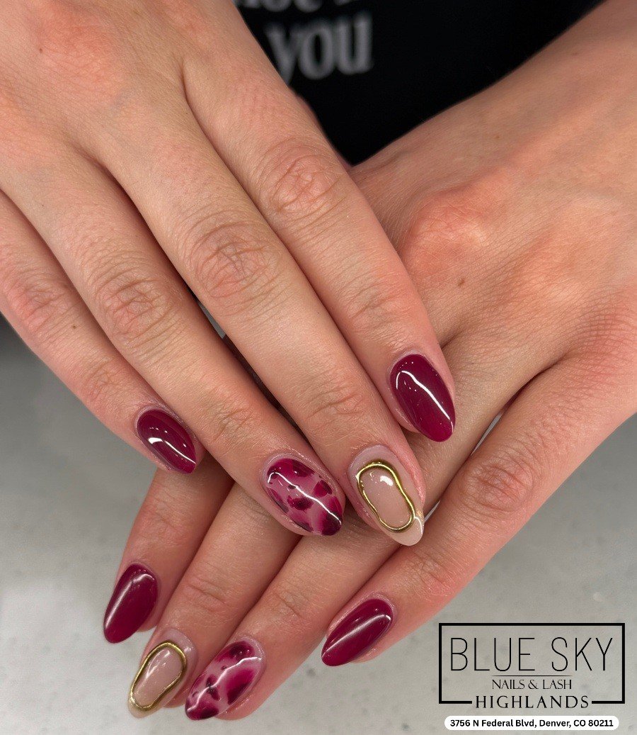 Wine French Almond Nails with Gold Accents
