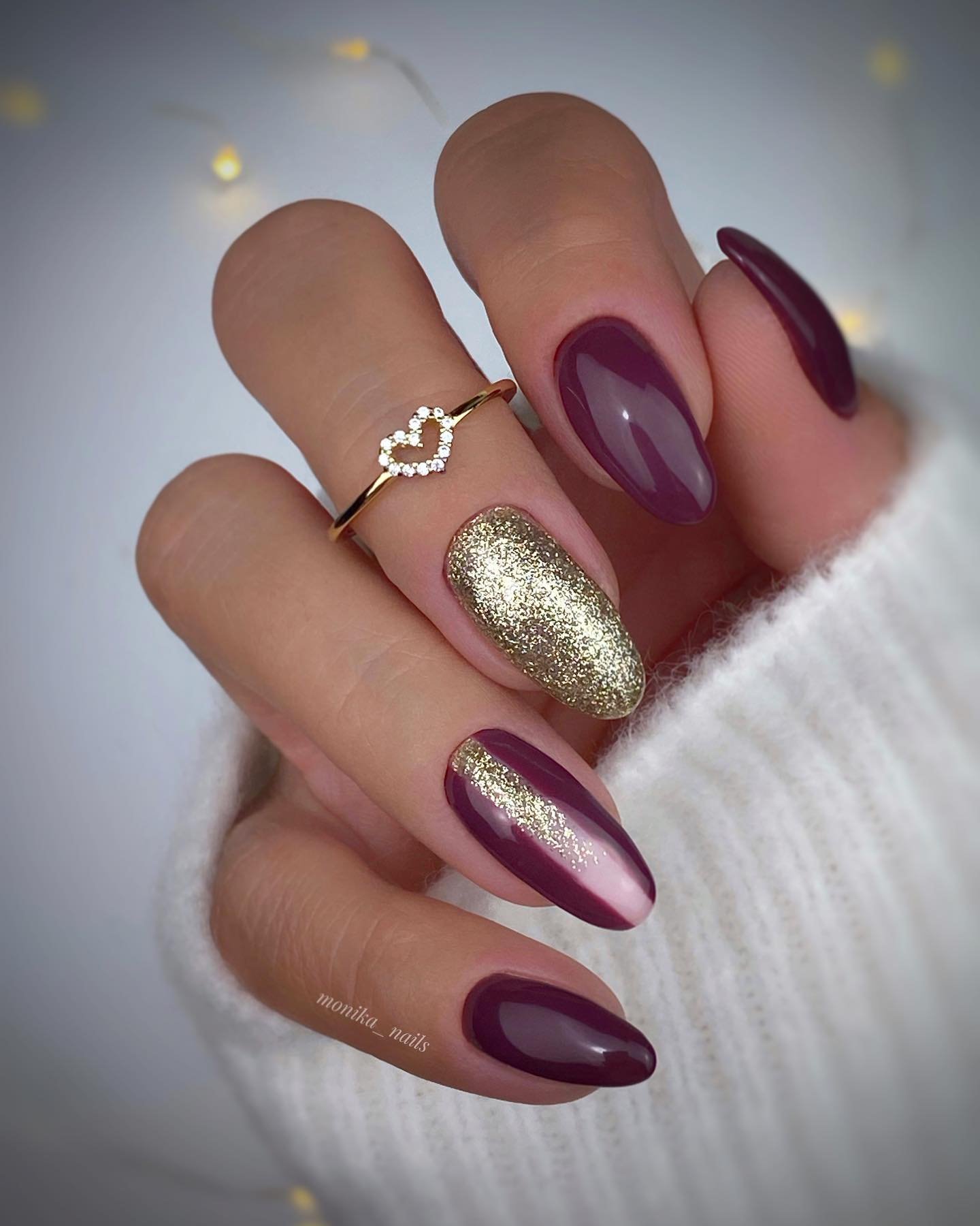 Mauve-Wine Almond Nails with Gold Glitter