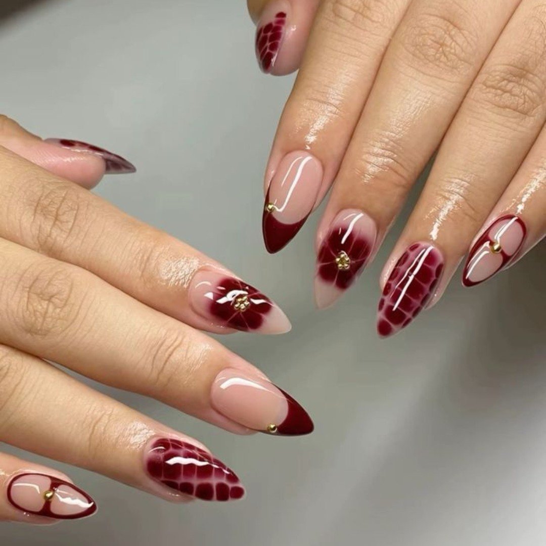 Nude and Wine Almond Nails with Plaid and Floral Details