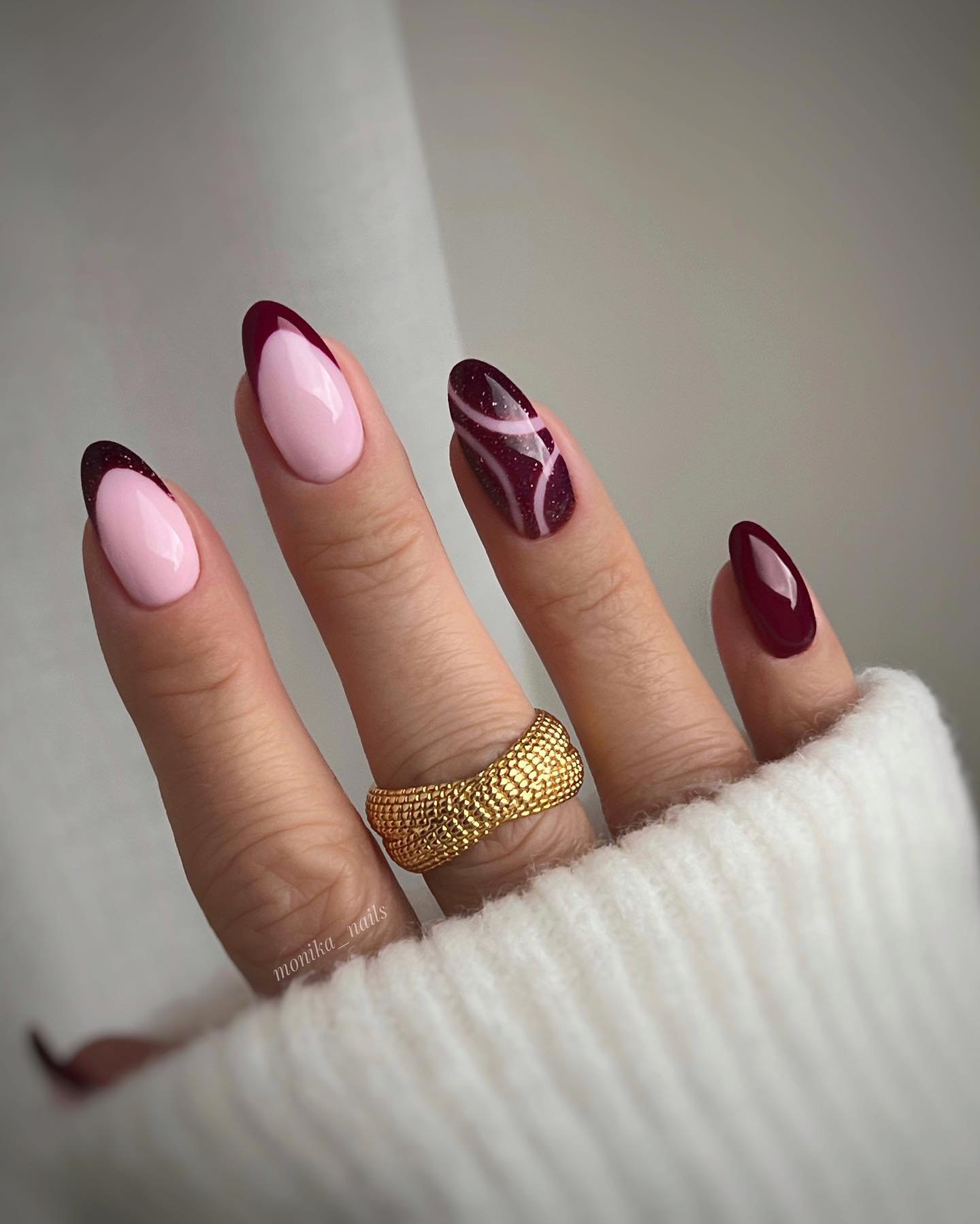 Pink and Wine Almond Nails with Curved Line Art