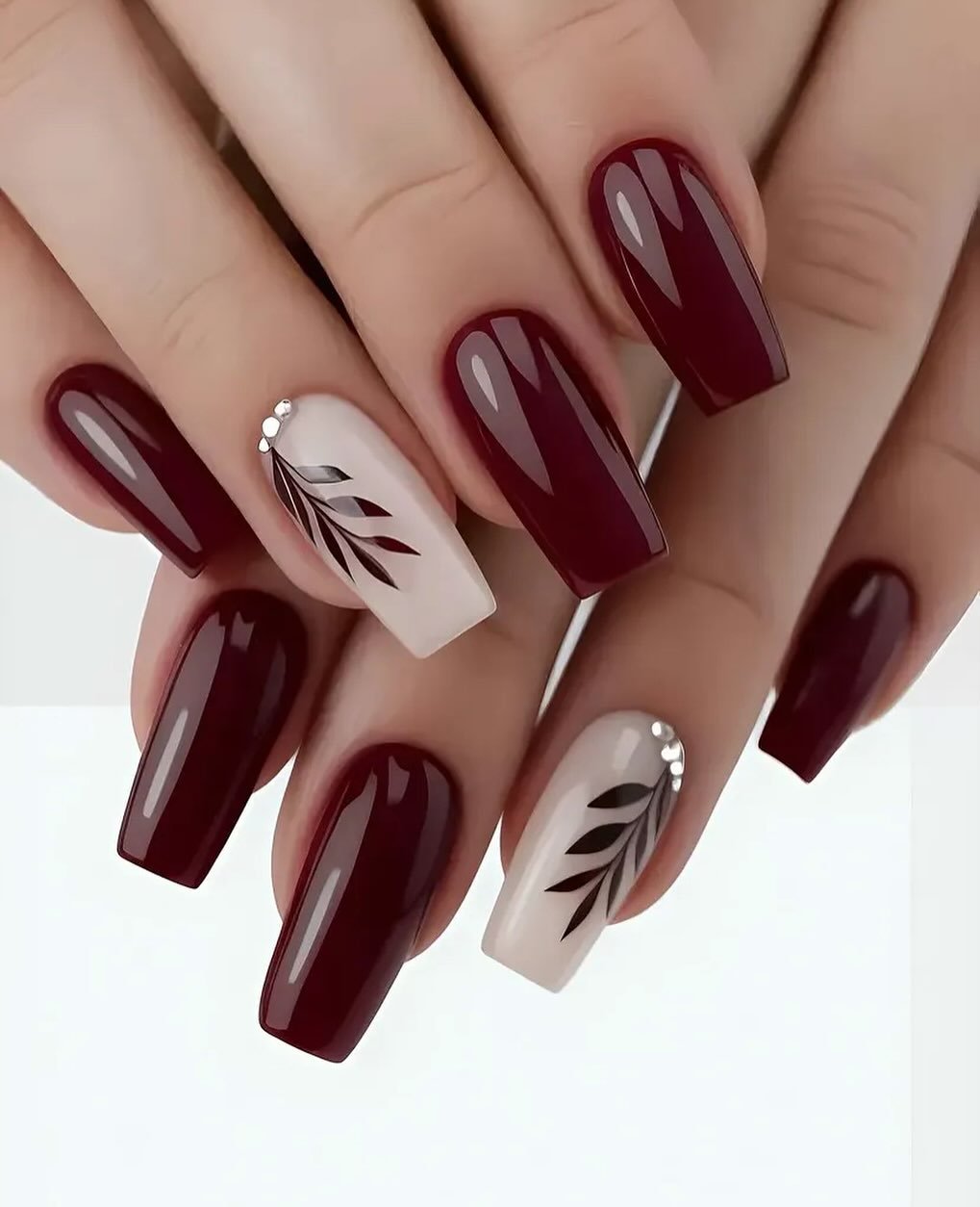 Wine and White Coffin Nails with Leaf Motifs