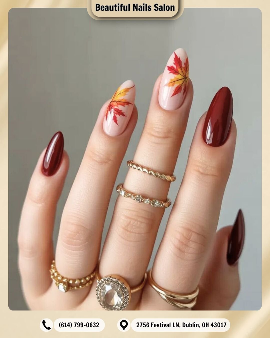 Wine Almond Nails with Autumn Leaf Accents