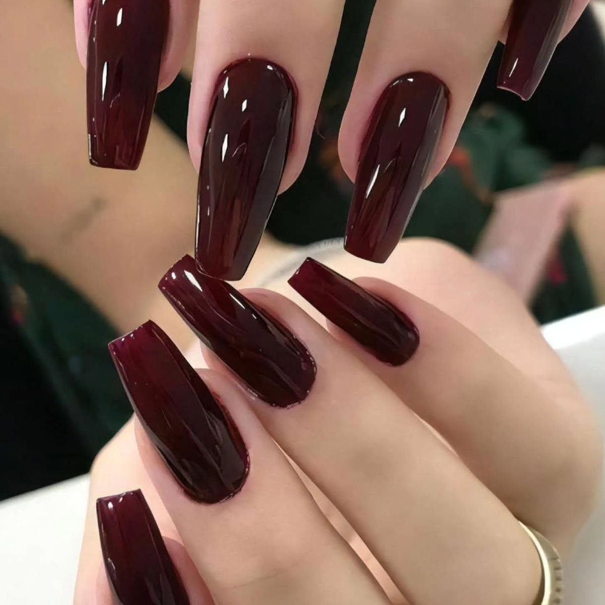 Glossy deep wine coffin nails