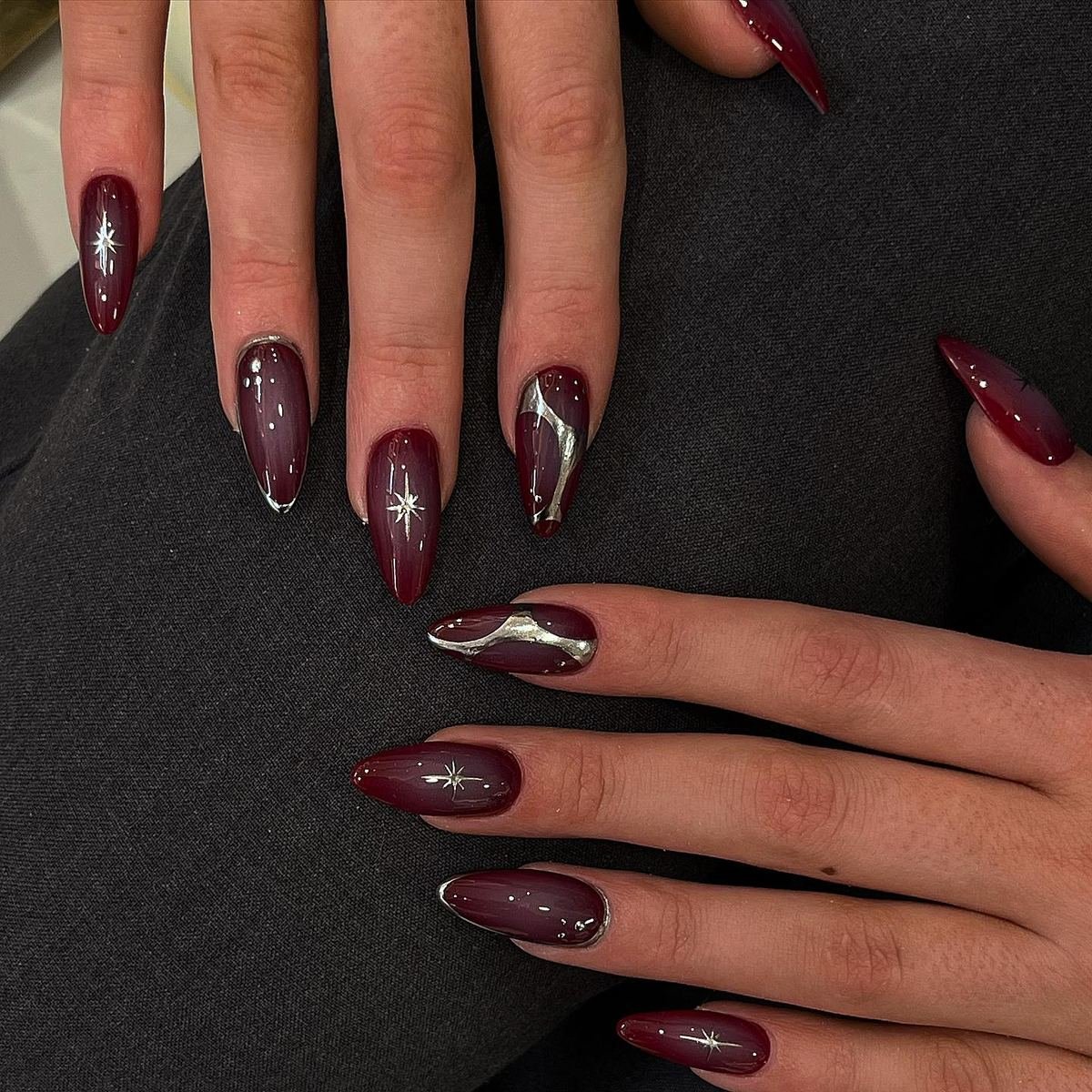 Wine nails with fine line accents