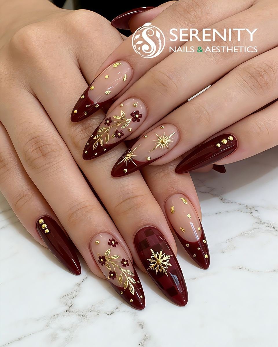 Wine and nude floral accent nails