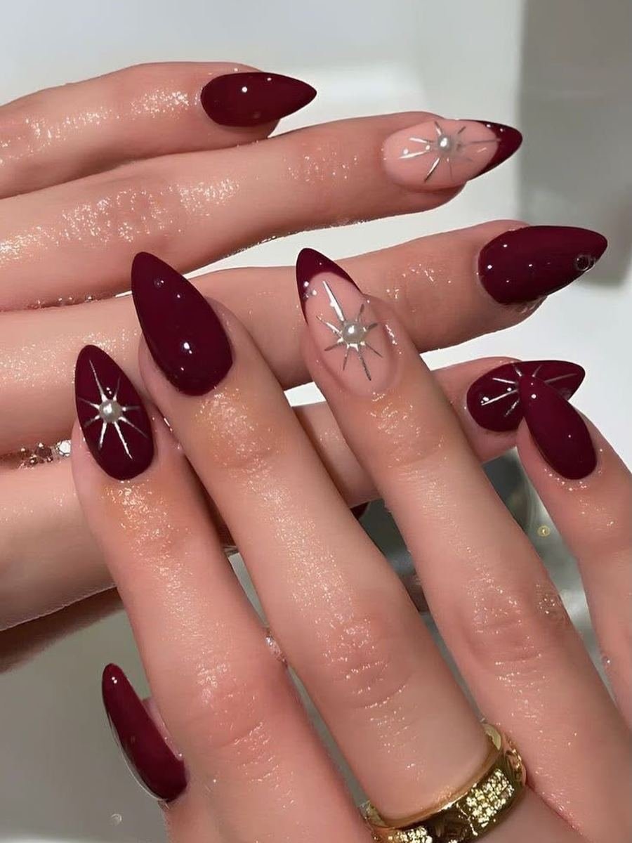 Wine, nude, and glitter accent nails