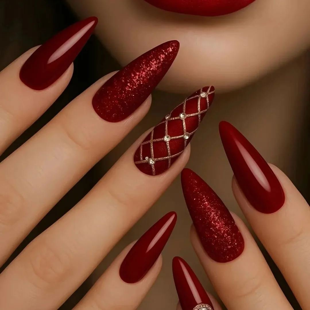 Wine red glitter and plaid nails