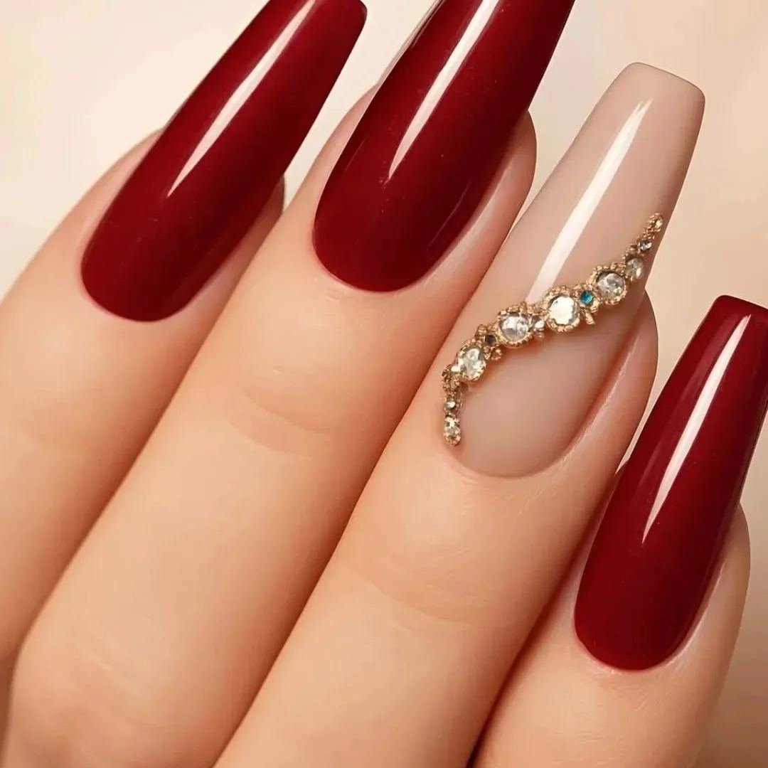 Glossy wine nails with crystal accents