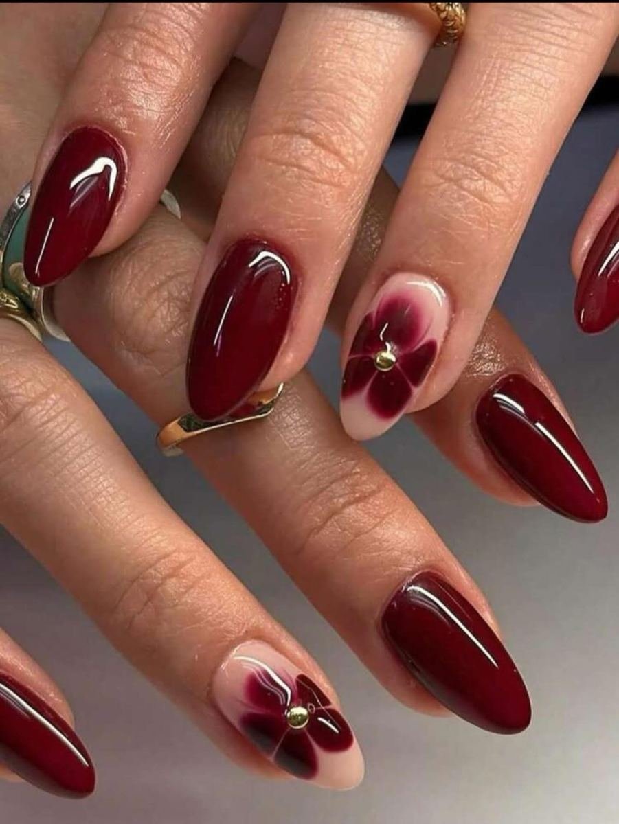 Wine nails with floral and gold accents