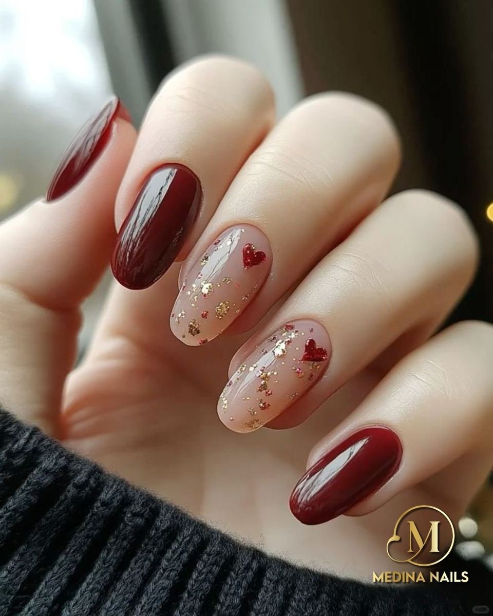 Wine and nude nails with delicate accents