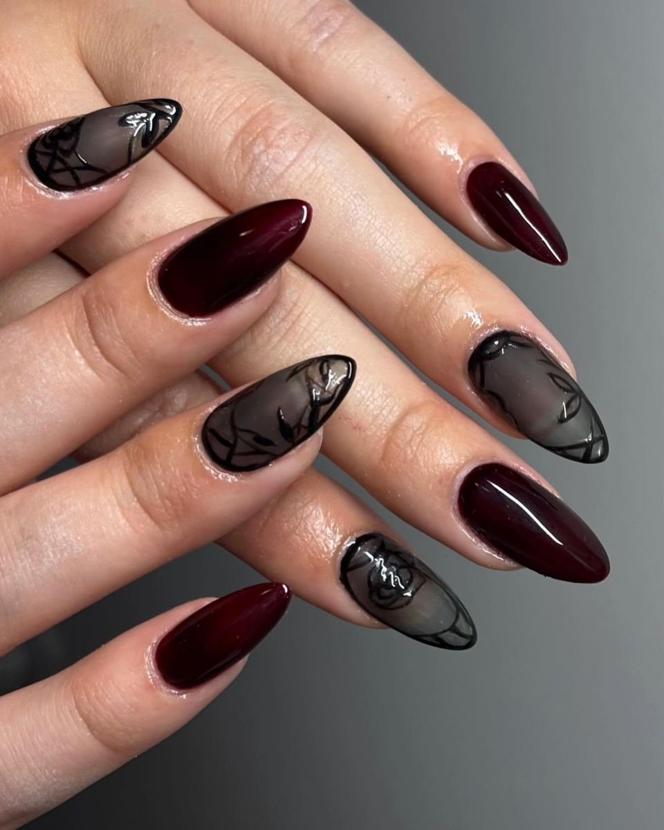 Wine and black mixed nail art